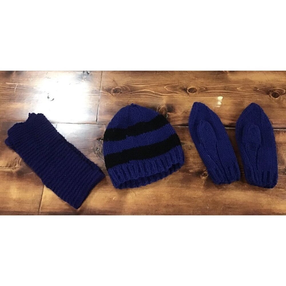 Handmade Hat, Scarf and Mitten Combo Blue and Black Set